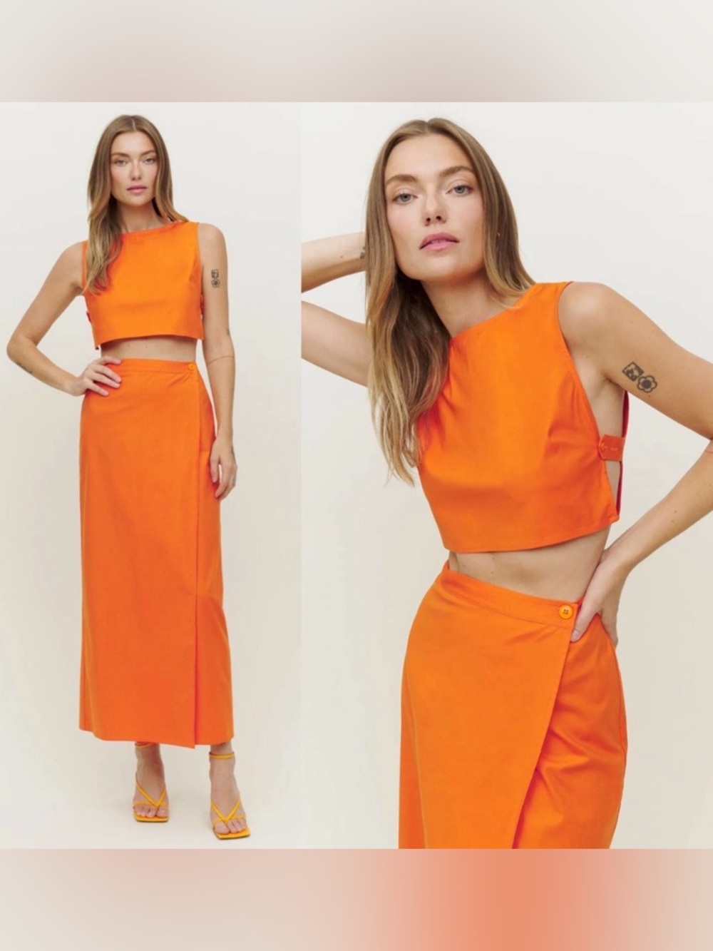 Reformation Bright Orange Maxi Skirt Set